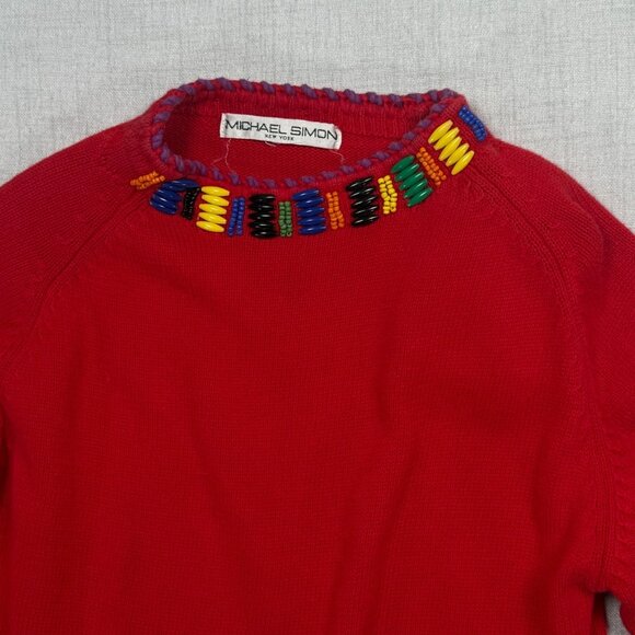 Vintage Michael Simons Embellished Beaded Sweater Red Tassel Knit Size Chest 39" - Picture 7 of 16